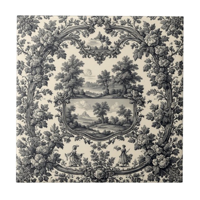 Toile De Jouy Countryside Floral Motif Monochrome  Fliese (Vorderseite)
