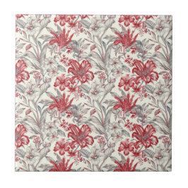 Toile de Jouy Deep Red und subtile Grau Floral Fliese