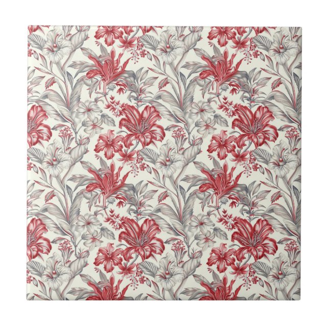 Toile de Jouy Deep Red und subtile Grau Floral Fliese (Vorderseite)