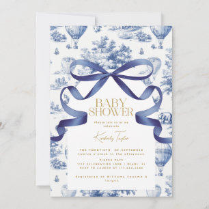 Toile De Jouy Dusty Blue Bow Baby Dusche Einladung