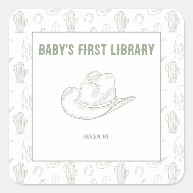 Toile de Jouy Green Cowboy - BABYS ERSTE BIBLIOTHE Quadratischer Aufkleber (Vorderseite)