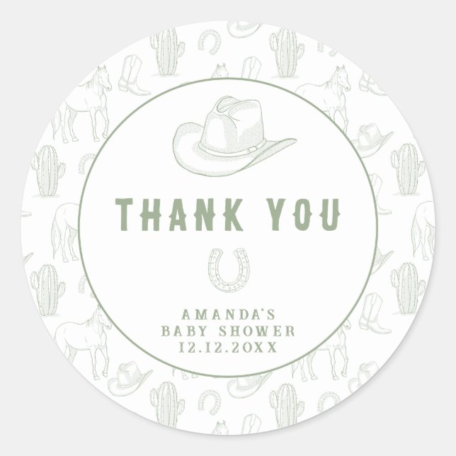 Toile de Jouy Green Cowboy Western Babydusche Runder Aufkleber (Vorderseite)