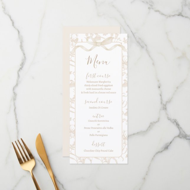 Toile de jouy Neutral Baby Shower Menu Card Menükarte (Vorderseite/Rückseite Beispiel)
