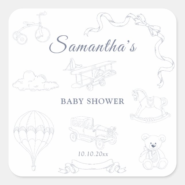 Toile de Jouy Nursery Baby Shower Quadratischer Aufkleber (Vorderseite)