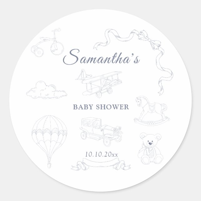 Toile de Jouy Nursery Baby Shower Runder Aufkleber (Vorderseite)