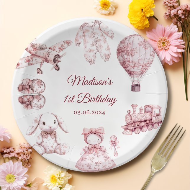 Toile De Jouy Pink Birthday Party Pappteller (Von Creator hochgeladen)