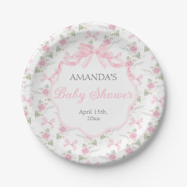 Toile De Jouy Pink Bow Girl Baby Shower Pappteller
