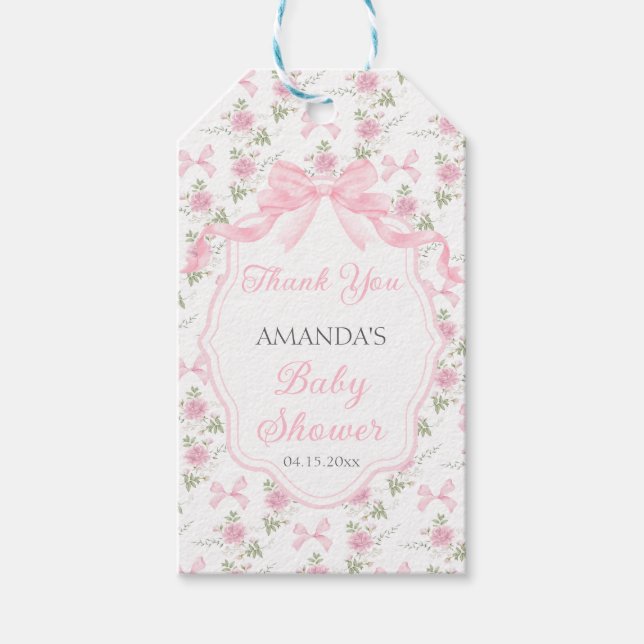 Toile De Jouy Pink Bow Girl Baby Shower Party Geschenkanhänger (Vorderseite)