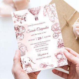 Toile De Jouy Pink Girl Baby Shower Party Einladung