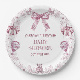 Toile De Jouy Pink Retro Bärenspielzeug Babydusche Pappteller
