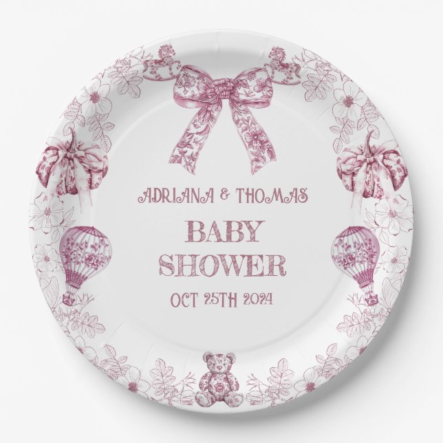 Toile De Jouy Pink Retro Bärenspielzeug Babydusche Pappteller (Vorderseite)