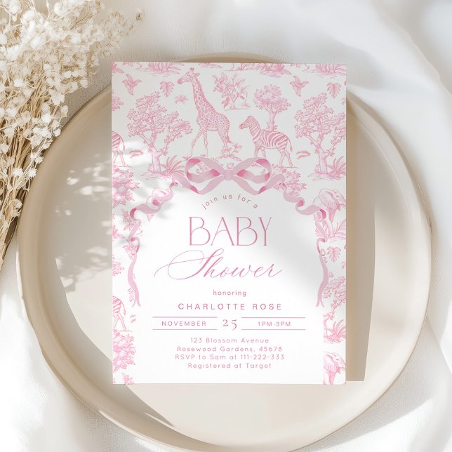 Toile de Jouy Pink Safari Tiere Babydusche Einladung (Von Creator hochgeladen)