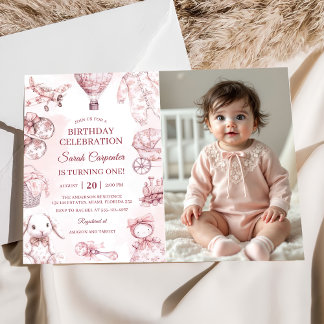 Toile De Jouy Rosa Mädchen Geburtstagsfeier Foto Einladung