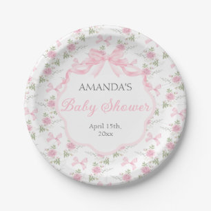 Toile De Jouy Rosa Schleifen Mädchen Baby Shower Pappteller