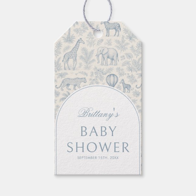 Toile De Jouy Safari Animals Blue Boy Baby Dusche Geschenkanhänger (Vorderseite)