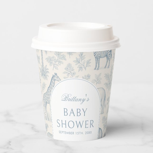 Toile De Jouy Safari Animals Blue Boy Baby Dusche Pappbecher (Vorderseite)