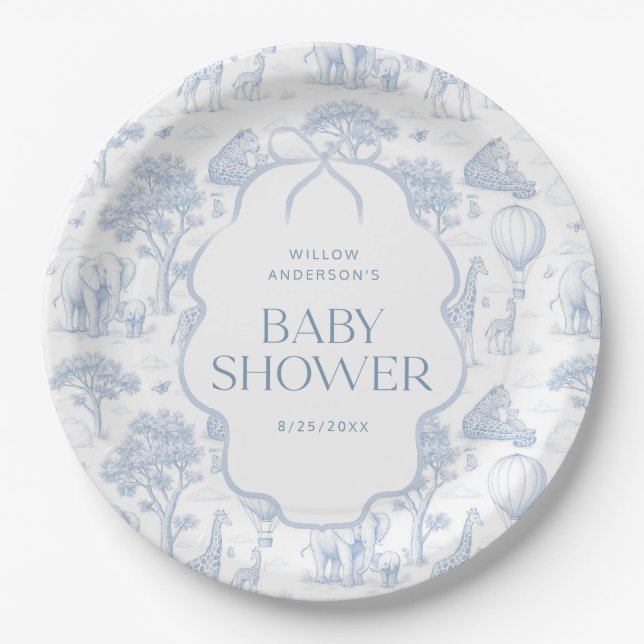 Toile De Jouy Safari Blue Baby Shower Paper Plates Pappteller (Vorderseite)