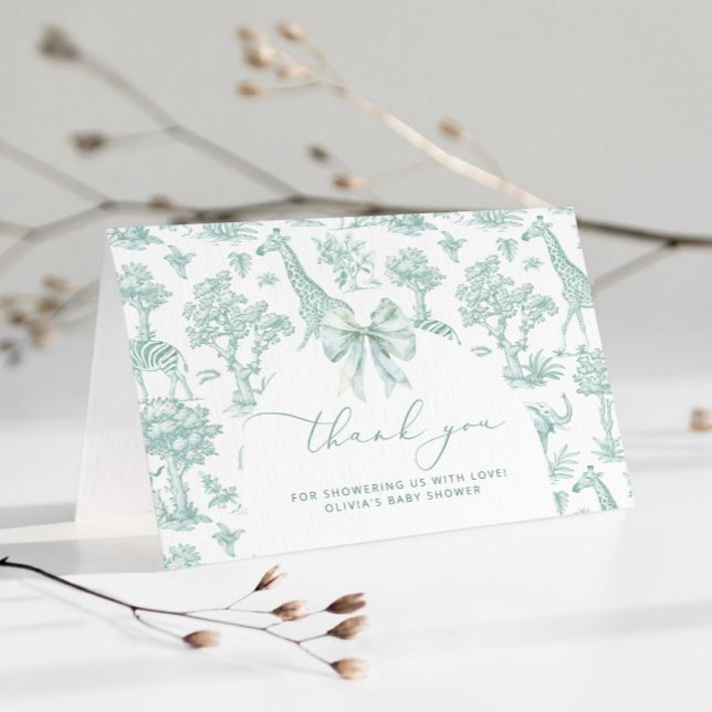 Toile de Jouy Safari grüne Bow Baby Dusche Dankeskarte (Von Creator hochgeladen)