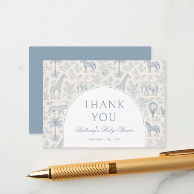 Toile De Jouy Safari Pastel Blue Baby Dusche Begleitkarte (Vorderseite/Rückseite Beispiel)