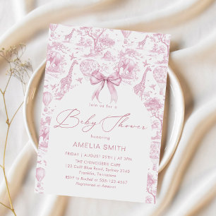 Toile de Jouy Safari Pink Bow Baby Dusche Einladung