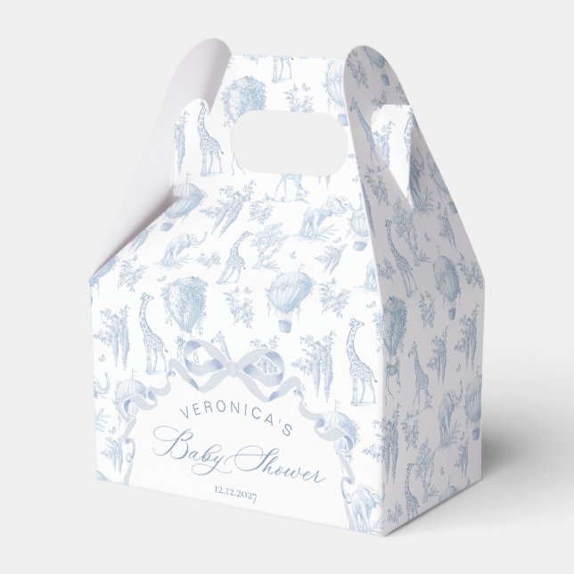 Toile de Jouy Safari Tiere Arch Blue Baby Dusche Geschenkschachtel (Vorderseite)