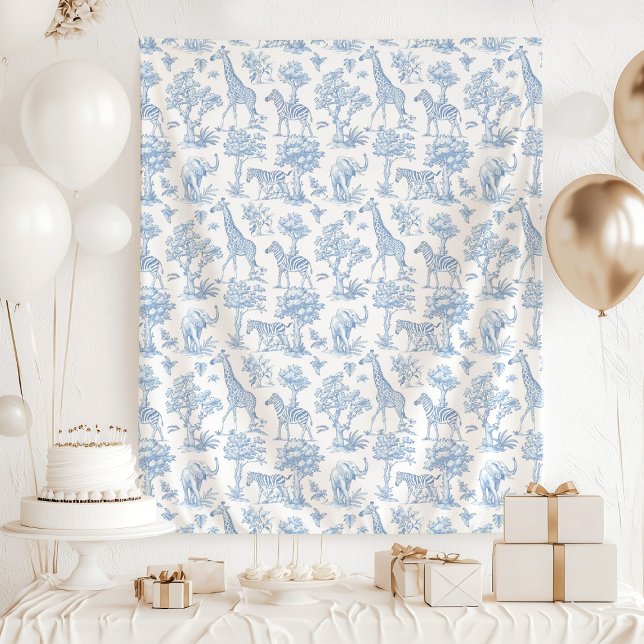Toile de Jouy Safari Tiere Blaue Babydusche Wandteppich (Von Creator hochgeladen)