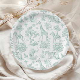Toile de Jouy Safari Tiere grün Babydusche Pappteller