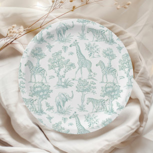 Toile de Jouy Safari Tiere grün Babydusche Pappteller