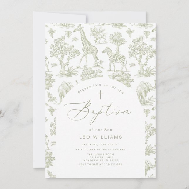 Toile de Jouy Safari Tiere Grüne Taufe Einladung (Vorderseite)