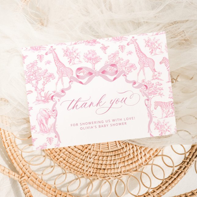Toile de Jouy Safari Tiere Pink Baby Dusche Dankeskarte (Von Creator hochgeladen)