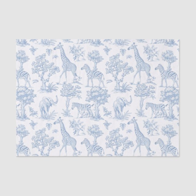 Toile de Jouy Safari Tiere staubblau elegant Seidenpapier (Vorderseite)