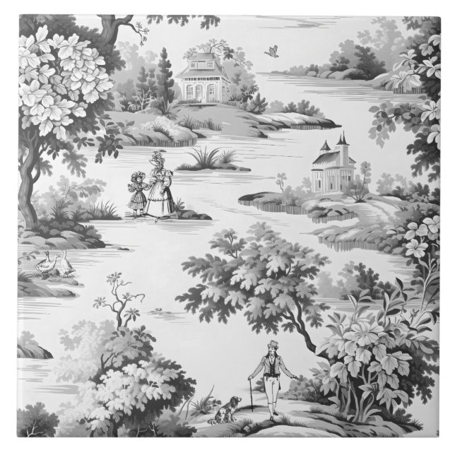 Toile de jouy, schwarz-weiß, Porzellan, Fliese (Vorderseite)