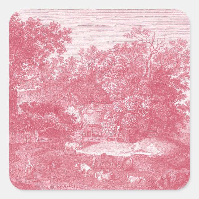 Toile de Jouy Shabby Pink Pastoral Landschaft Quadratischer Aufkleber (Vorderseite)