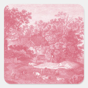 Toile de Jouy Shabby Rosa Ländliche Landschaft Quadratischer Aufkleber