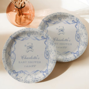 Toile De Jouy Teddybär Blau Baby Shower Pappteller