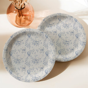 Toile De Jouy Teddybär Dusty Blue Baby Shower Pappteller