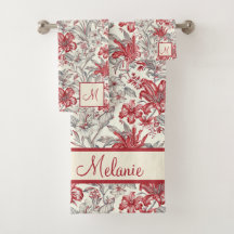 Toile de Jouy Tiefrot und Grau Blumenlilien