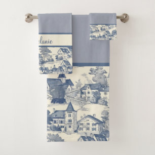 Toile de Jouy Village Scene Border auf Blue Badhandtuch Set