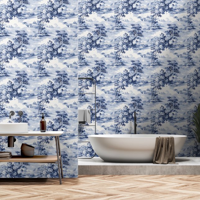 Toile du Jouy Blue Faux French  Tapete (Badezimmer)