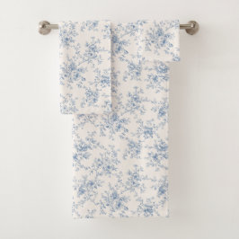 Toile Floral Bouquet Blau Creme Vintage Botanisch Badhandtuch Set