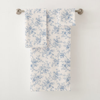 Toile Floral Bouquet Blau Creme Vintage Botanisch Badhandtuch Set