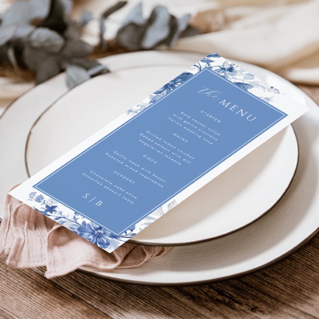 Toile French Blue Floral Wedding Menu Menükarte (Von Creator hochgeladen)