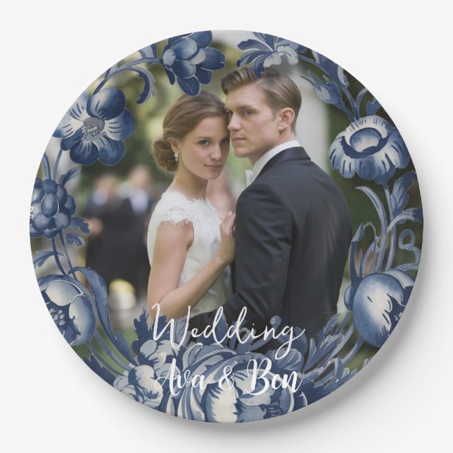 Toile French Vintag Blue Floral Wedding Pappteller (Vorderseite)