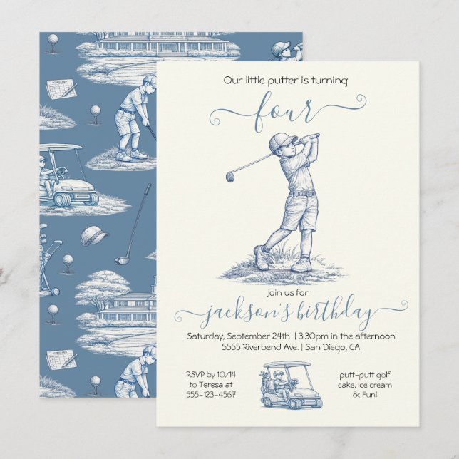 Toile Golf Junge Geburtstagseinladung Einladung (Vorne/Hinten)