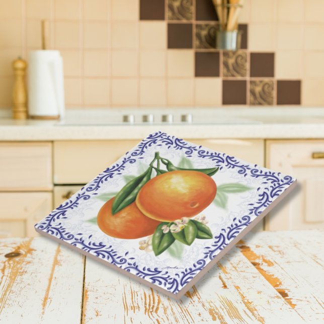 Toile Orange Keramik Tile Fliese (Shower Favor - French Country Oranges with Blue Toile Ceramic Artisan Tile)