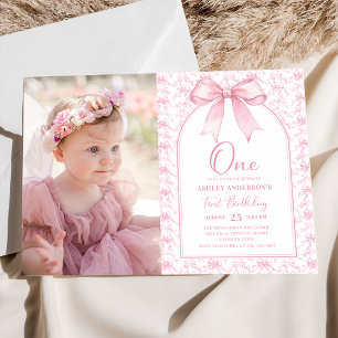 Toile Pink Bow Chinoiserie 1. Geburtstag Foto Einladung