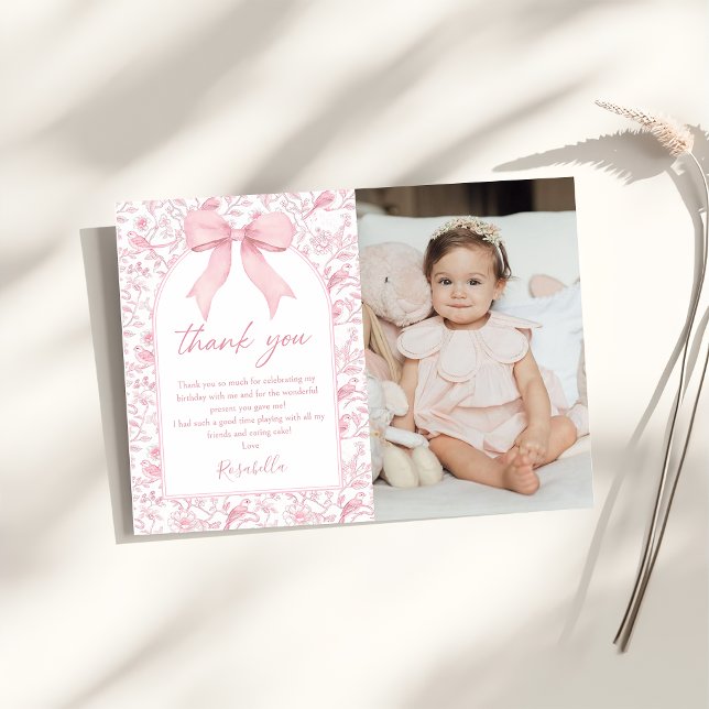 Toile Pink Bow Chinoiserie Floral Geburtstag Dankeskarte (Von Creator hochgeladen)
