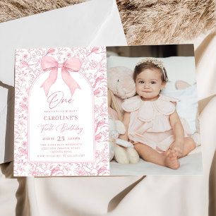 Toile Pink Bow Floral 1. Geburtstag Foto Einladung