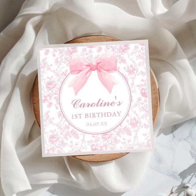 Toile Pink Bow Floral Chinoiserie Birthday Napkins Serviette (Von Creator hochgeladen)