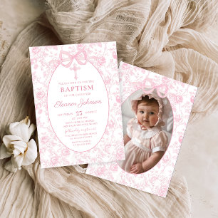 Toile Pink Bow Taufe Foto Einladung